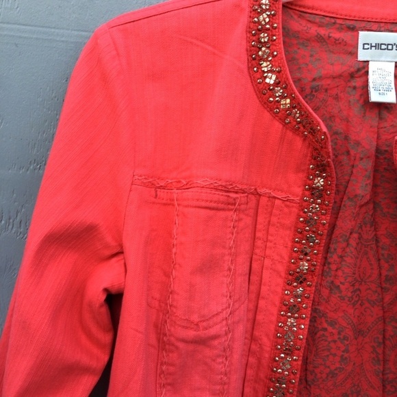 Chicos Jacket Womens Medium 1 Red Ladies Button Front Casual Denim - Picture 3 of 6